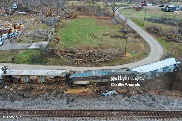 An aerial view of a massive freight derailment of CSX and damaged houses that caused by a tornado in Earlington, Kentucky on December 15, 2021.