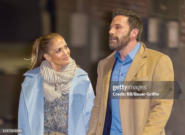 Jennifer Lopez and Ben Affleck are seen at "Jimmy Kimmel Live" on December 15, 2021 in Los Angeles, California.