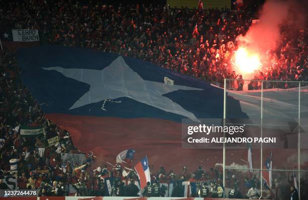 Huge Chilean flag is spread on a stand during a 2011 Copa America Group C first round football match against Peru held at the Malvinas Argentinas...