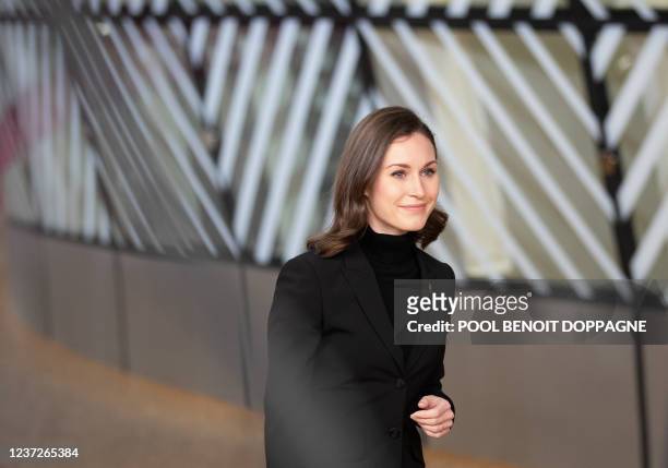 Finland Prime Minister Sanna Marin pictured at the arrivals for the European council summit, in Brussels, Thursday 16 December 2021. BELGA PHOTO POOL...