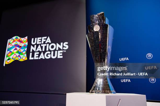 Detailed view of the UEFA Nations League trophy during the UEFA Nations League 2022/23 League Phase Draw at the UEFA headquarters, The House of...