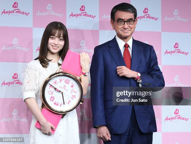 Actress Kanna Hashimoto and Taro Kono, Member of the House of Representatives, Liberal Democratic Party of Japan attend the press conference for...
