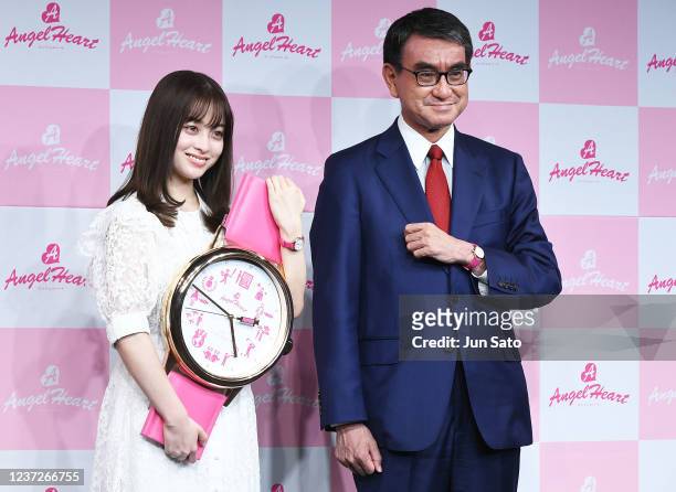 Actress Kanna Hashimoto and Taro Kono, Member of the House of Representatives, Liberal Democratic Party of Japan attend the press conference for...