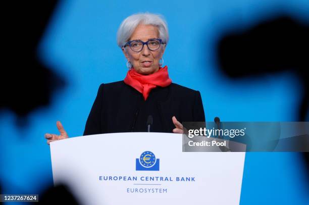 European Central Bank President Christine Lagarde speaks during a press conference following the meeting of the Governing Council of the European...