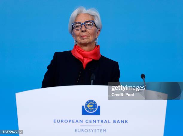 European Central Bank President Christine Lagarde speaks during a press conference following the meeting of the Governing Council of the European...