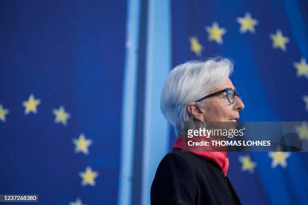 European Central Bank President Christine Lagarde addresses a press conference following a meeting of the governing council of the ECB on the...