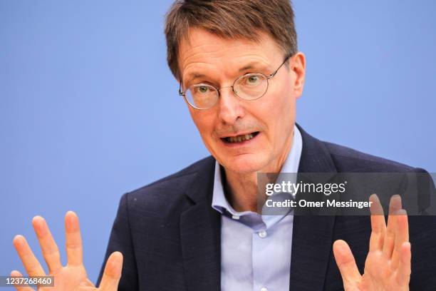 German Health Minister Karl Lauterbach speaks to the media following Germany's recent launch of vaccinations against Covid-19 for children aged 5-11...