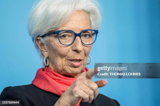 European Central Bank President Christine Lagarde addresses a press conference following a meeting of the governing council of the ECB on the...