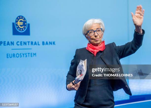 European Central Bank President Christine Lagarde leaves after addressing a press conference following a meeting of the governing council of the ECB...