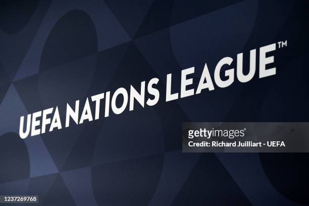 View of the UEFA Nations League logo during the UEFA Nations League 2022/23 League Phase Draw at the UEFA headquarters, The House of European...