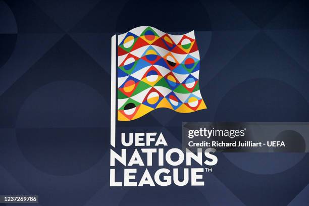 View of the UEFA Nations League logo during the UEFA Nations League 2022/23 League Phase Draw at the UEFA headquarters, The House of European...