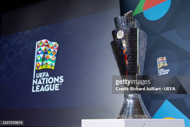 View of the UEFA Nations League trophy during the UEFA Nations League 2022/23 League Phase Draw at the UEFA headquarters, The House of European...