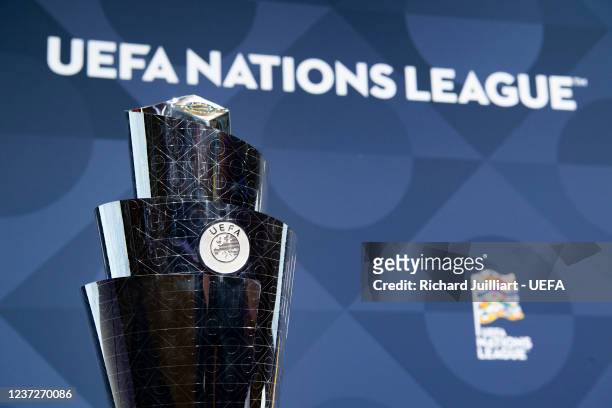 View of the UEFA Nations League trophy during the UEFA Nations League 2022/23 League Phase Draw at the UEFA headquarters, The House of European...