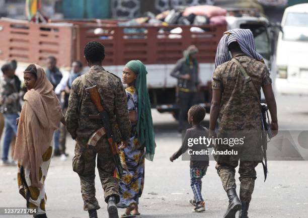 Ethiopian security forces patrol at street after Ethiopian army took control of Hayk town of Amhara city from the rebel Tigray People's Liberation...