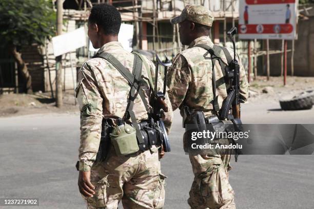 Ethiopian security forces patrol at street after Ethiopian army took control of Dessie town of Amhara city from the rebel Tigray People's Liberation...