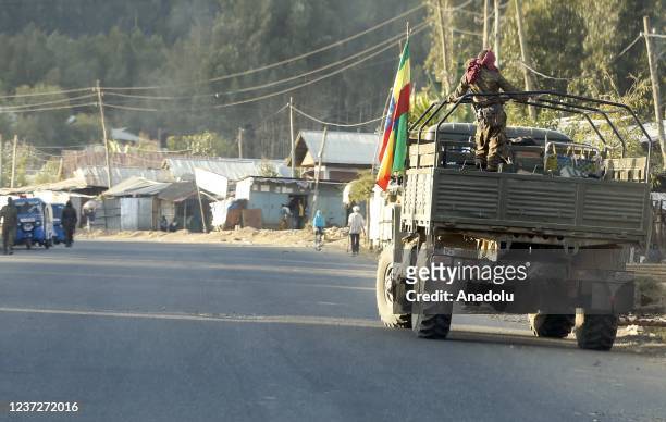 Ethiopian security forces patrol at street after Ethiopian army took control of Hayk town of Amhara city from the rebel Tigray People's Liberation...