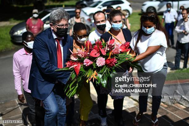 French leftist movement La France Insoumise leader and presidential candidate Jean-Luc Melenchon lays a wreath at the Memorial to the Abolition of...