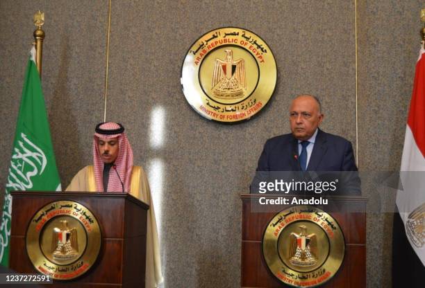 Egyptian Foreign Minister Sameh Shoukry and Saudi Arabia's Foreign Minister, Prince Faisal bin Farhan Al Saud hold a joint press conference after...