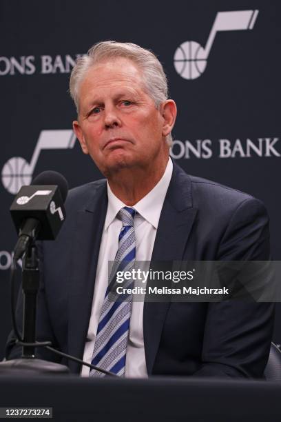 Danny Ainge of the Utah Jazz speaks to the media during a press conference on December 15, 2021 at vivint.SmartHome Arena in Salt Lake City, Utah....