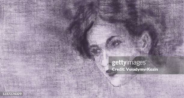 monochrome portrait of a young woman using pastel technique on rough canvas - eye problems stock illustrations