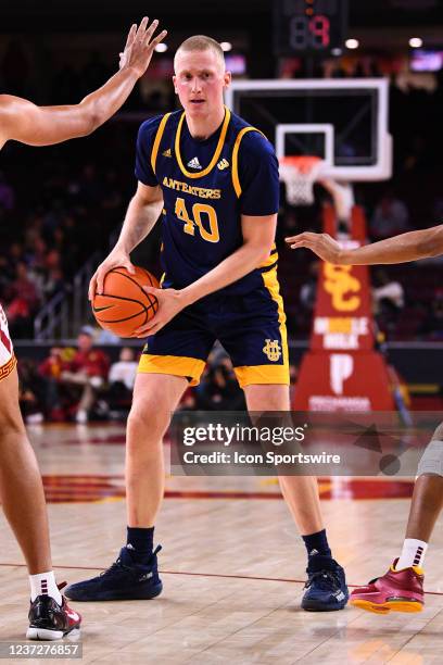 Irvine Anteaters forward Collin Welp looks to make a move during the college basketball game between the UC Irvine Anteaters and the USC Trojans on...