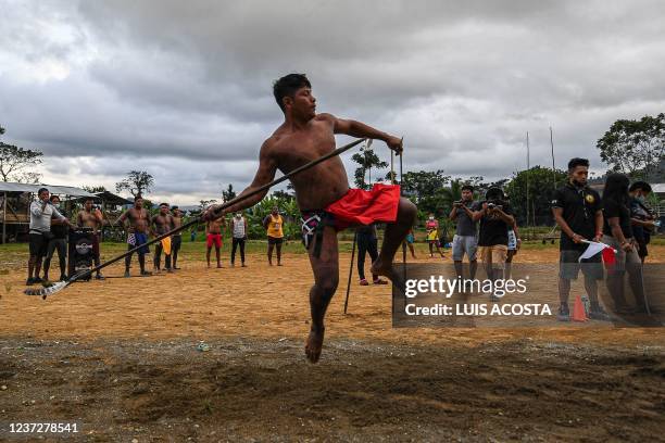 Panamanian Embera indigenous competes in spear throwing during the third ancestral indigenous games in Pueblo Nuevo Buri, province of Bocas del Toro,...