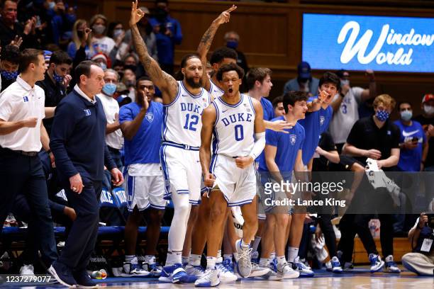 Wendell Moore Jr. #0 of the Duke Blue Devils reacts after making a three-point basket during their game against the Appalachian State Mountaineers in...