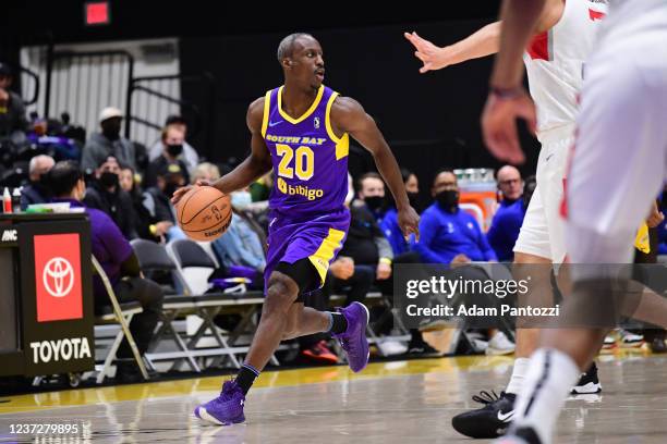 Andre Ingram of the South Bay Lakers handles the ball during the game against the Agua Caliente Clippers on December 16, 2021 at UCLA Heath Training...
