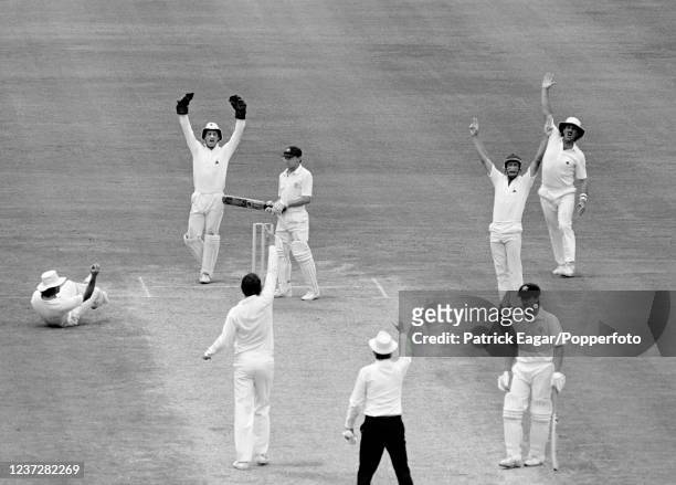 Dirk Wellham of Australia is caught for 1 run by Allan Lamb of England off the bowling of John Emburey during the 5th Test match between Australia...