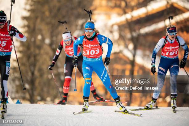 Federica Sanfilippo of Italy in action competes during the Sprint Women at the IBU World Cup Biathlon Annecy Le Grand Bornand on December 16, 2021 in...