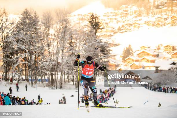 Galina Vishnevskaya-Sheporenko of Kazakhstan in action competes during the Sprint Women at the IBU World Cup Biathlon Annecy Le Grand Bornand on...