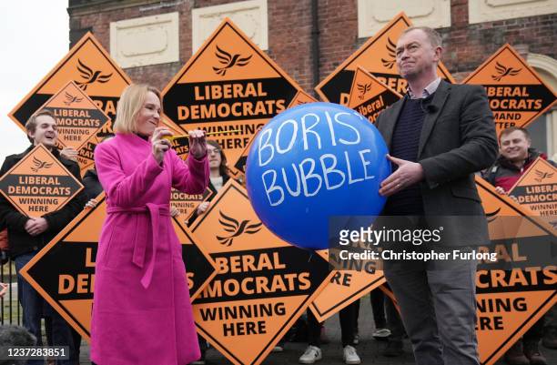Helen Morgan and Tim Farron of the Liberal Democrats speak to the media following victory in the North Shropshire By-Election on December 17, 2021 in...