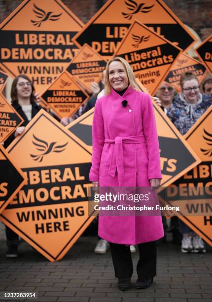 Helen Morgan of the Liberal Democrats speaks to the media after her victory in the North Shropshire By-Election on December 17, 2021 in Oswestry,...