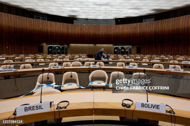 This photographe taken in Geneva on December 17, 2021 shows a general view during an extraordinary meeting on Ethiopia held mainly remotely at the...