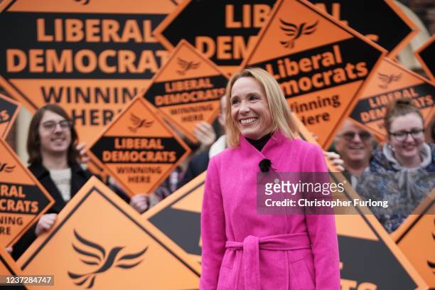 Helen Morgan of the Liberal Democrats speaks to the media following victory in the North Shropshire By-Election on December 17, 2021 in Oswestry,...