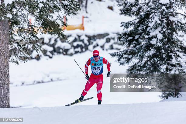 Andrey Melnichenko of Russia in action competes during the 15km Men at the FIS World Cup Cross-Country Davos on December 12, 2021 in Davos,...