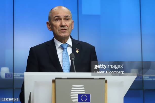 Janez Jansa, Slovenia's prime minister, speaks during a news conference following the European Union leaders summit in Brussels, Belgium, on...