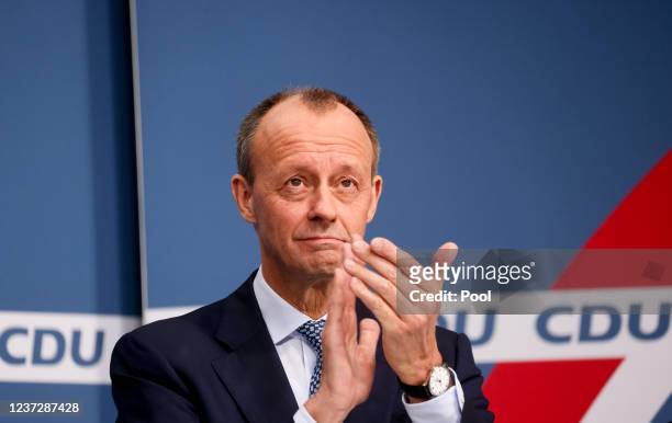 Christian Democratic Union's newly elected party chairman Friedrich Merz reacts during a press conference on December 17, 2021 in Berlin, Germany.