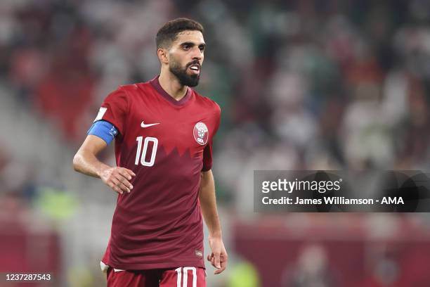 Hassan Alhaydos of Qatar during the FIFA Arab Cup Qatar 2021 Semi-Final match between Qatar v Algeria at Al Thumana Stadium on December 15, 2021 in...