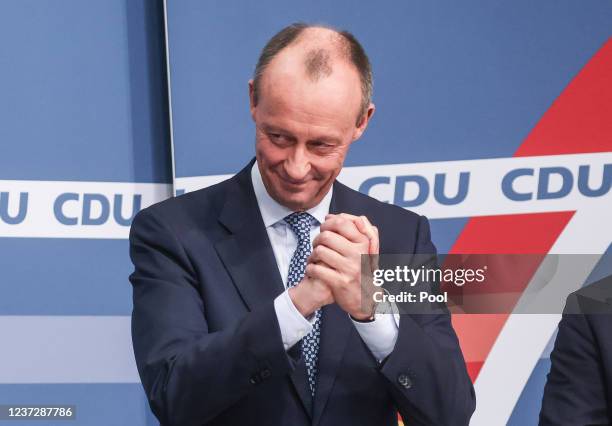 Christian Democratic Union's newly elected party chairman Friedrich Merz reacts during a press conference on December 17, 2021 in Berlin, Germany.