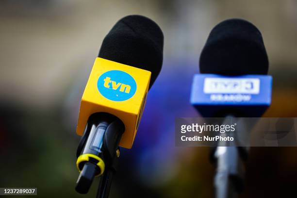 Microphone of TVN channel is seen in Krakow, Poland on November 8, 2021. The ruling right-wing Law and Justice party have unexpectedly proposed a...