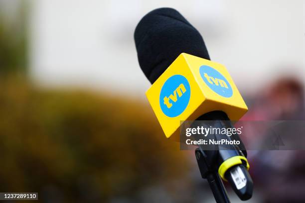 Microphone of TVN channel is seen in Krakow, Poland on November 8, 2021. The ruling right-wing Law and Justice party have unexpectedly proposed a...