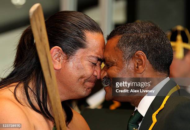 Springbok head coach Peter de Villiers receives the "Hongi" a traditional Maori welcome from Maori Warrior Toa Waaka during the South Africa IRB...