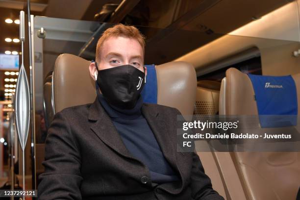 Juventus player Dejan Kulusevski travels to Bologna ahead of the Serie A match between Bologna FC and Juventus on December 17, 2021 in Bologna, Italy.
