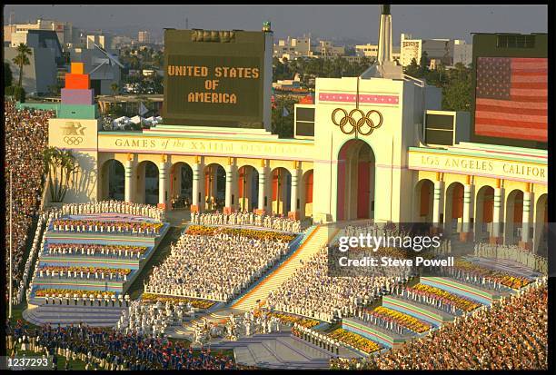 A GENERAL VIEW OF THE COLISEUM STADIUM IN LOS ANGELES DURING THE OPENING CEREMONY OF THE 1984 OLYMPICS.