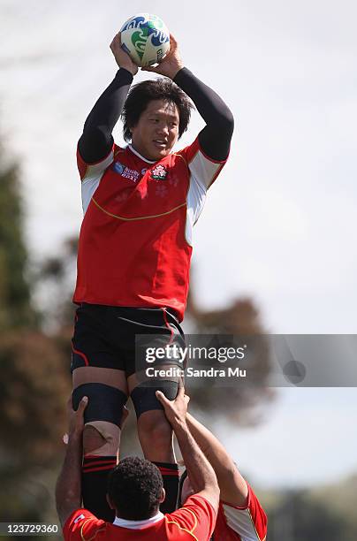 Takashi Kikutani of Japan in the lineout during a Japan IRB Rugby World Cup 2011 training session at Silverdale Rugby Club on September 5, 2011 in...