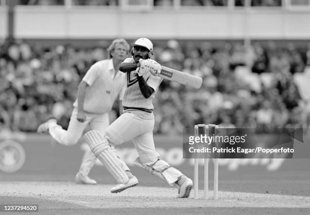 Pakistan batsman Javed Miandad pulls Graham Dilley of England and is caught for 113 by Allan Lamb of England at third man in the 1st Texaco Trophy...
