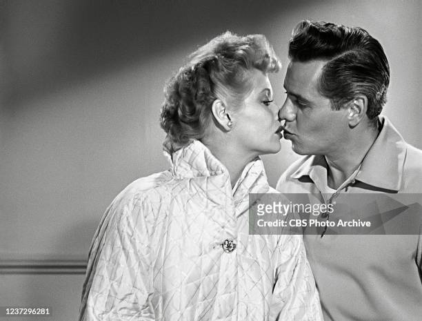 Lucille Ball and Desi Arnaz pose for a costume and makeup test, filmed days before the first I LOVE LUCY episode went into production in 1951,...