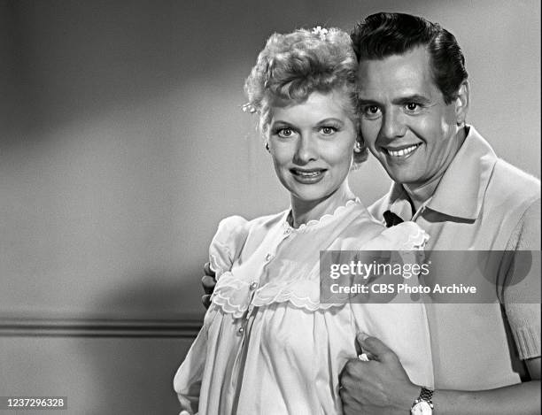 Lucille Ball and Desi Arnaz pose for a costume and makeup test, filmed days before the first I LOVE LUCY episode went into production in 1951,...