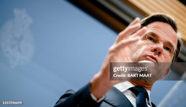 Former Dutch Prime Minister Mark Rutte gives a press conference in The Hague on december 17, 2021 following his first conversation as government...